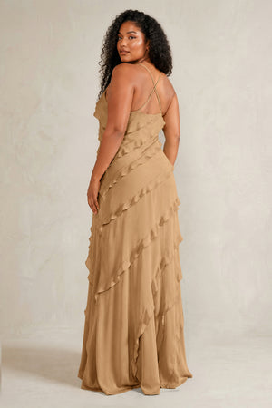 Bronzer Spaghetti Straps Sheath Stain Ruffled Bridesmaid Dress (4) | KISSBRIDAL[sizeplus]