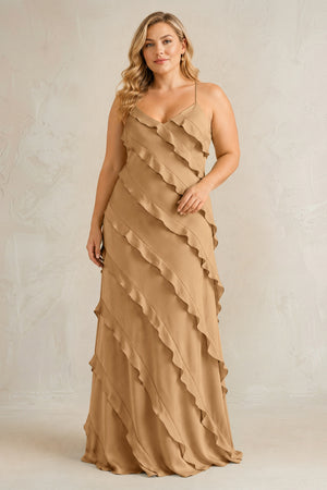 Bronzer Spaghetti Straps Sheath Stain Ruffled Bridesmaid Dress | KISSBRIDAL[sizeplus]