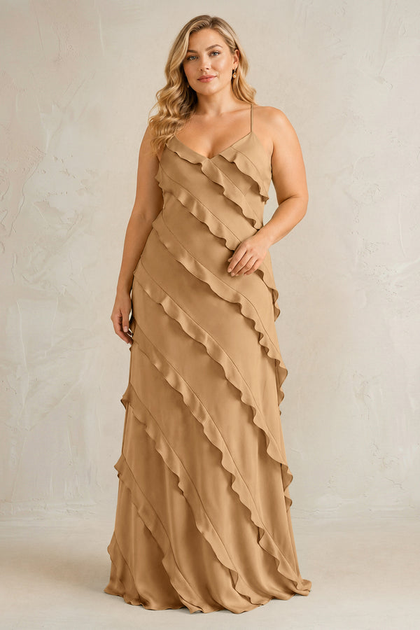 Bronzer Spaghetti Straps Sheath Stain Ruffled Bridesmaid Dress | KISSBRIDAL[sizeplus]