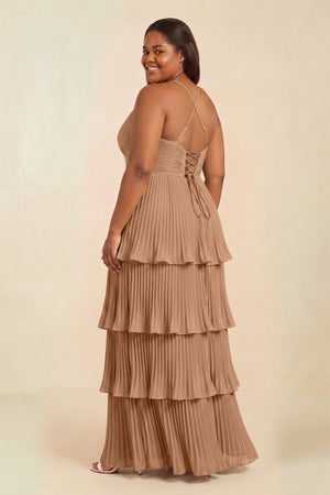 Bronzer Tiered Pleated V-Neck A-Line Chiffon Bridesmaid Dress (2) [sizeplus] | KISSBRIDAL
