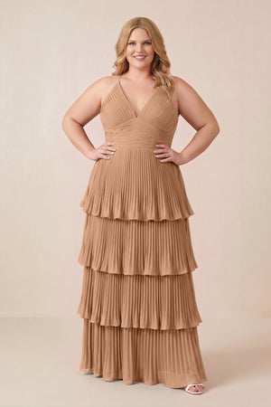 Bronzer Tiered Pleated V-Neck A-Line Chiffon Bridesmaid Dress (3) [sizeplus] | KISSBRIDAL