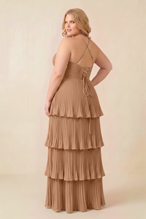 Bronzer Tiered Pleated V-Neck A-Line Chiffon Bridesmaid Dress (4) [sizeplus] | KISSBRIDAL