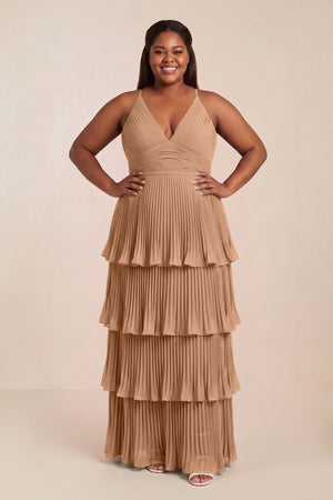 Bronzer Tiered Pleated V-Neck A-Line Chiffon Bridesmaid Dress [sizeplus] | KISSBRIDAL