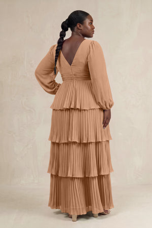 Bronzer V-Neck Tiered A-Line Long Sleeve Bridesmaid Dress (2) [sizeplus] | KISSBRIDAL