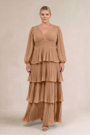 Bronzer V-Neck Tiered A-Line Long Sleeve Bridesmaid Dress (3) [sizeplus] | KISSBRIDAL