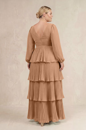 Bronzer V-Neck Tiered A-Line Long Sleeve Bridesmaid Dress (4) [sizeplus] | KISSBRIDAL
