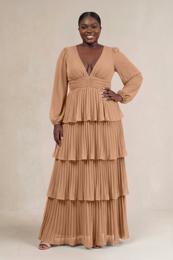 Bronzer V-Neck Tiered A-Line Long Sleeve Bridesmaid Dress [sizeplus] | KISSBRIDAL
