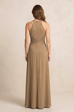 Brown A-Line Chiffon Embroidered Halter Mother of the Bride Dress (2) | KISSBRIDAL