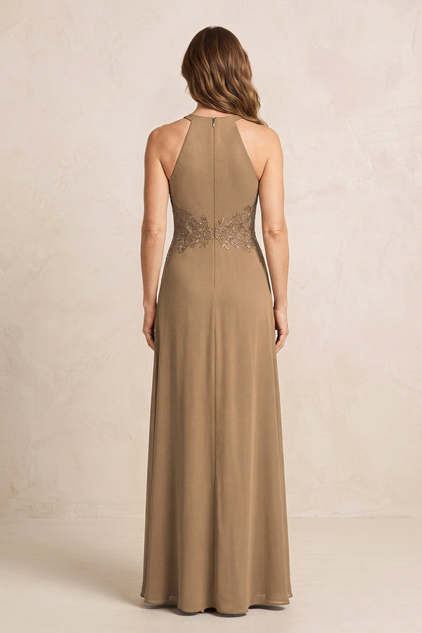 Brown A-Line Chiffon Embroidered Halter Mother of the Bride Dress (2) | KISSBRIDAL