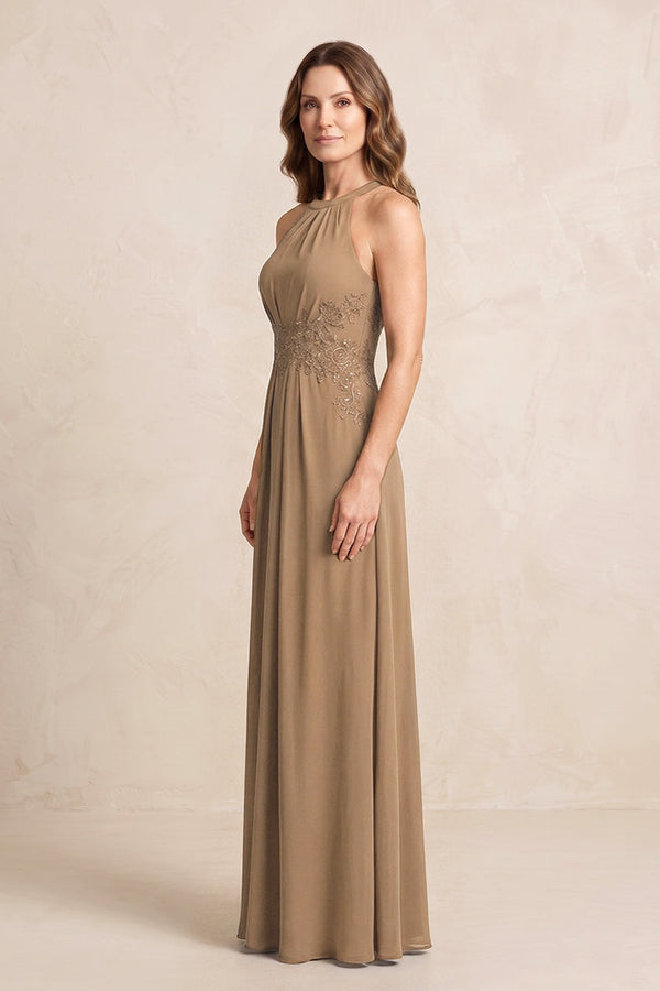 Brown A-Line Chiffon Embroidered Halter Mother of the Bride Dress (3) | KISSBRIDAL