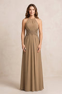 Brown A-Line Chiffon Embroidered Halter Mother of the Bride Dress | KISSBRIDAL