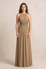 Brown A-Line Chiffon Embroidered Halter Mother of the Bride Dress | KISSBRIDAL