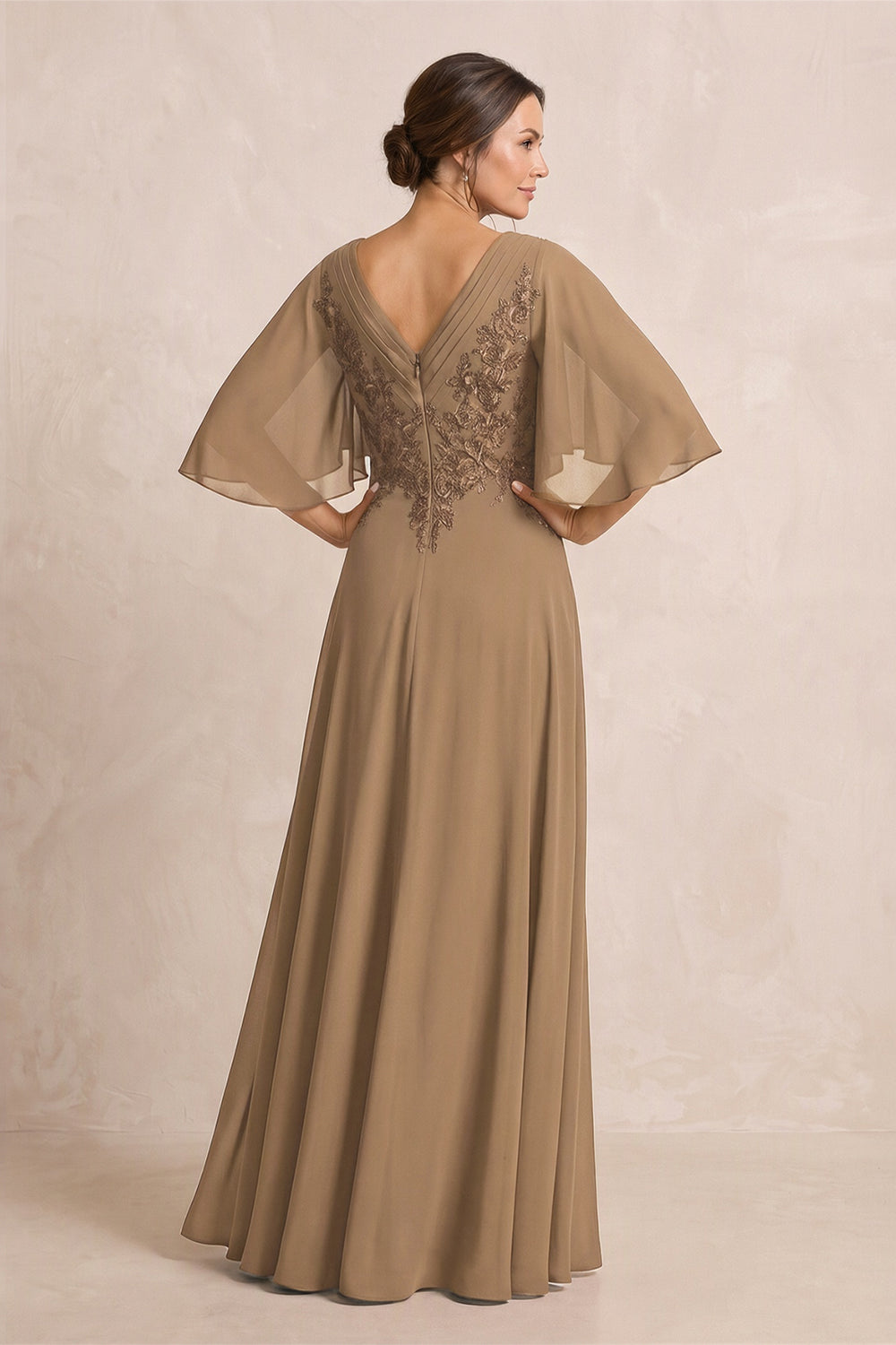 Brown A-Line Embroidered Chiffon Mother of the Bride Dress With Sleeves