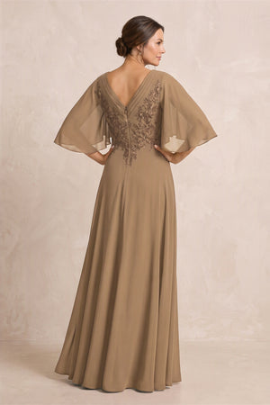 Brown A-Line Embroidered Chiffon Mother of the Bride Dress With Sleeves (2) | KISSBRIDAL
