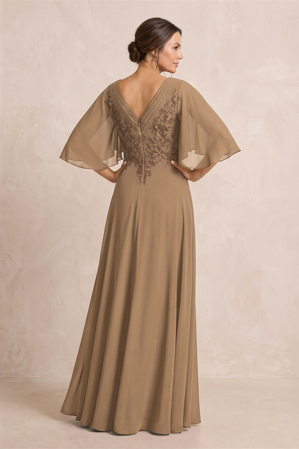 Brown A-Line Embroidered Chiffon Mother of the Bride Dress With Sleeves (2) | KISSBRIDAL