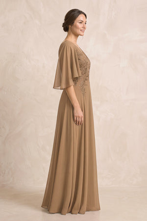 Brown A-Line Embroidered Chiffon Mother of the Bride Dress With Sleeves (3) | KISSBRIDAL