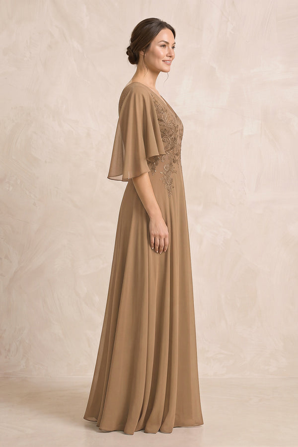 Brown A-Line Embroidered Chiffon Mother of the Bride Dress With Sleeves (3) | KISSBRIDAL