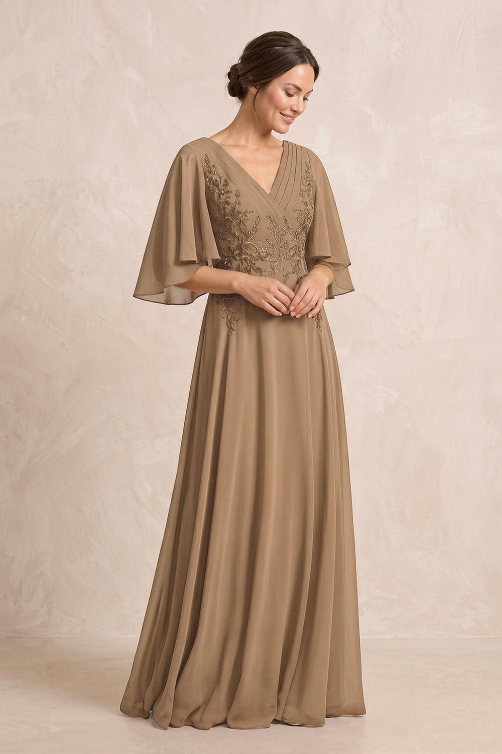 Brown A-Line Embroidered Chiffon Mother of the Bride Dress With Sleeves