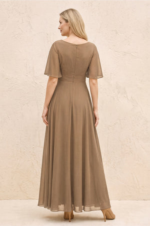 Brown A-Line Flutter Sleeves Chiffon Mother of the Bride Dress (2) | KISSBRIDAL