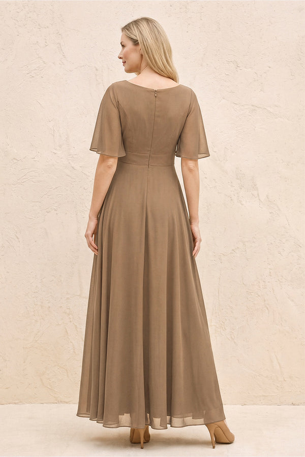 Brown A-Line Flutter Sleeves Chiffon Mother of the Bride Dress (2) | KISSBRIDAL