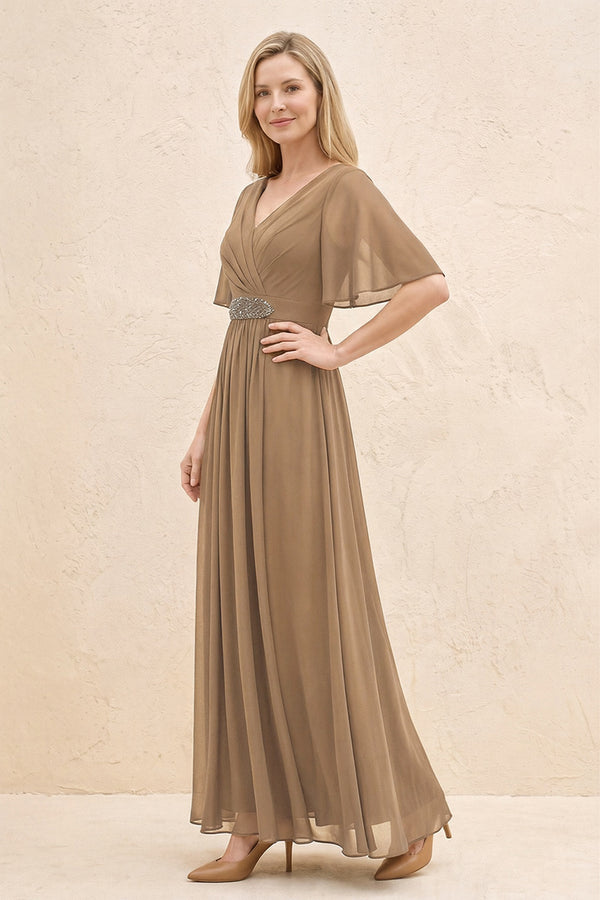 Brown A-Line Flutter Sleeves Chiffon Mother of the Bride Dress (3) | KISSBRIDAL