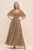 Brown A-Line Flutter Sleeves Chiffon Mother of the Bride Dress | KISSBRIDAL