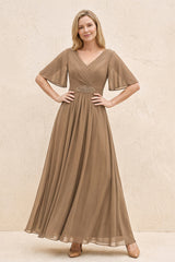 Brown A-Line Flutter Sleeves Chiffon Mother of the Bride Dress | KISSBRIDAL