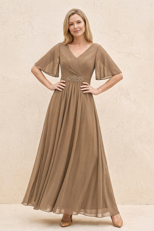Brown A-Line Flutter Sleeves Chiffon Mother of the Bride Dress | KISSBRIDAL