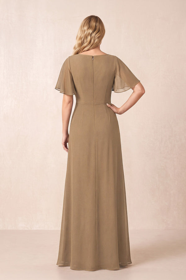 Brown A-Line Ruched Chiffon Mother of the Bride Dress with Ruffled Sleeves (2) | KISSBRIDAL