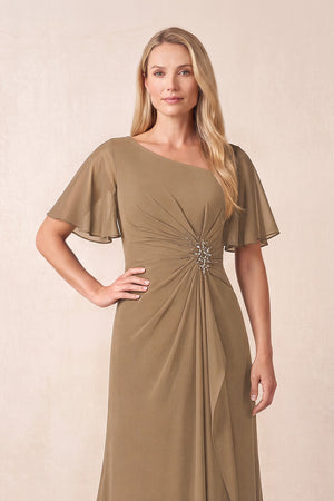 Brown A-Line Ruched Chiffon Mother of the Bride Dress with Ruffled Sleeves (3) | KISSBRIDAL