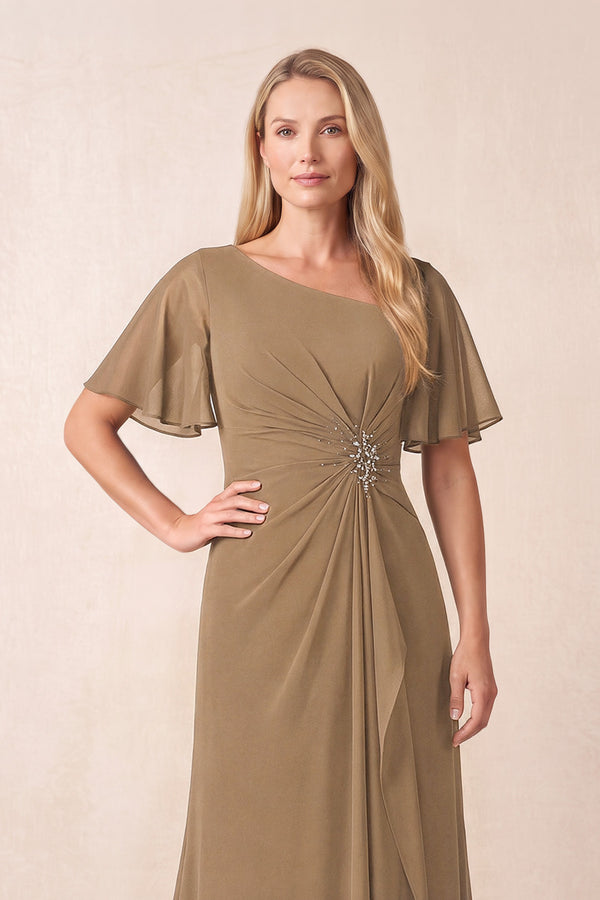 Brown A-Line Ruched Chiffon Mother of the Bride Dress with Ruffled Sleeves (3) | KISSBRIDAL