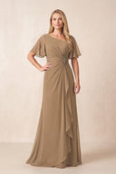 Brown A-Line Ruched Chiffon Mother of the Bride Dress with Ruffled Sleeves | KISSBRIDAL