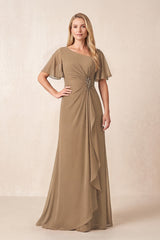 Brown A-Line Ruched Chiffon Mother of the Bride Dress with Ruffled Sleeves | KISSBRIDAL
