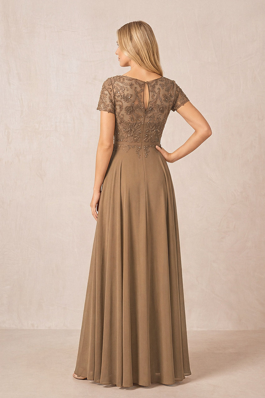 Brown Boat Neck Chiffon A-Line Embroidered Mother of the Bride Dress with Sleeves