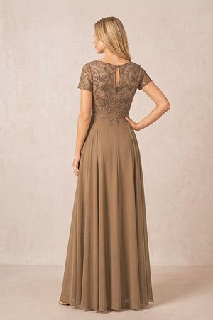 Brown Boat Neck Chiffon A-Line Embroidered Mother of the Bride Dress with Sleeves (2) | KISSBRIDAL