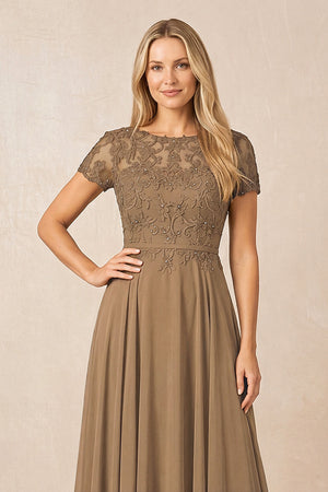 Brown Boat Neck Chiffon A-Line Embroidered Mother of the Bride Dress with Sleeves (3) | KISSBRIDAL