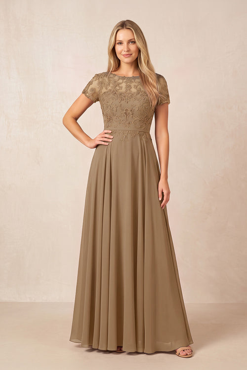 Brown Boat Neck Chiffon A-Line Embroidered Mother of the Bride Dress with Sleeves | KISSBRIDAL