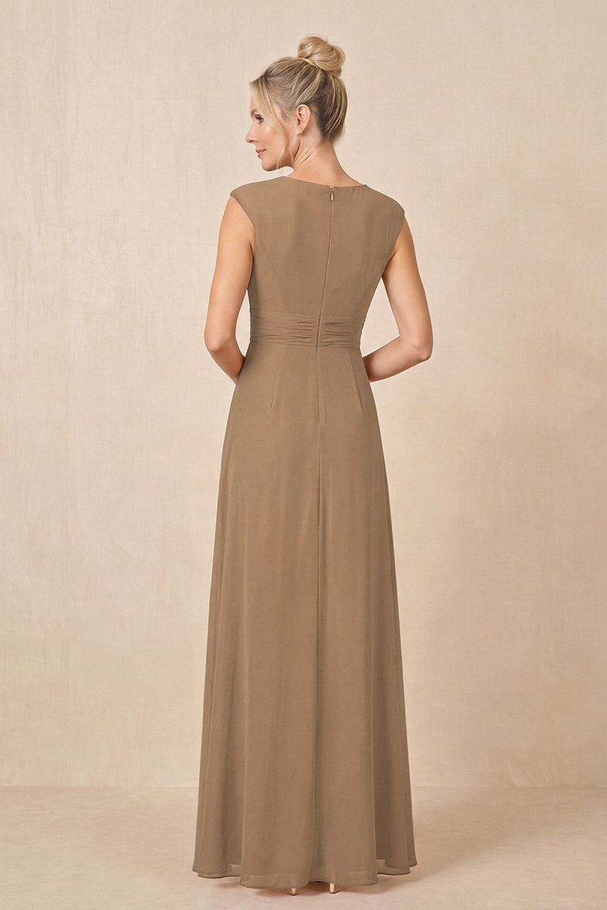 Brown Cap Sleeves A-Line Chiffon Pleated Ruffled Mother of the Bride Dress