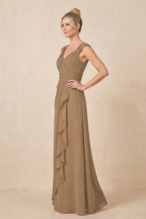 Brown Cap Sleeves A-Line Chiffon Pleated Ruffled Mother of the Bride Dress (3) | KISSBRIDAL