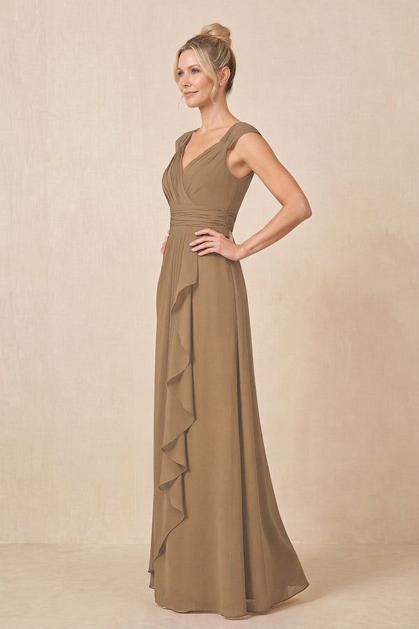 Brown Cap Sleeves A-Line Chiffon Pleated Ruffled Mother of the Bride Dress (3) | KISSBRIDAL