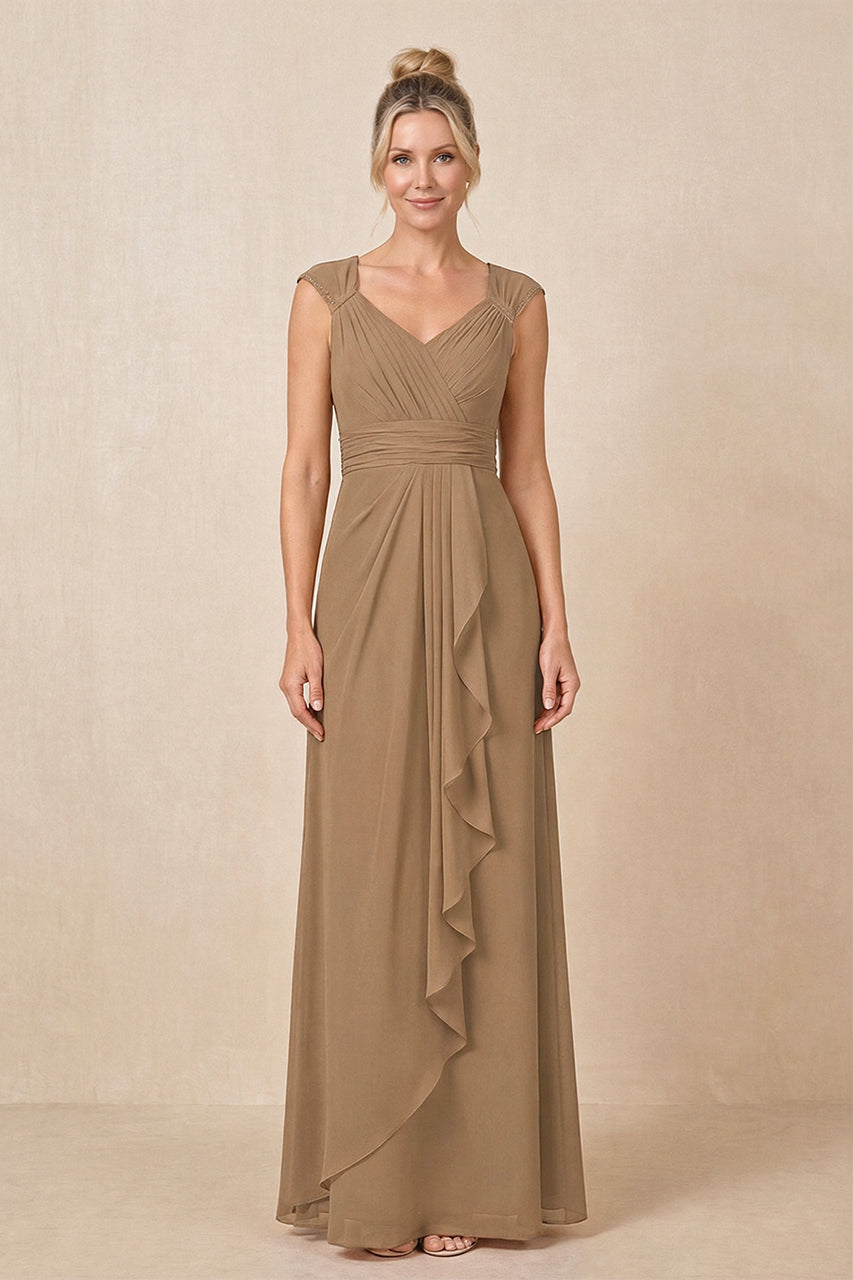 Brown Cap Sleeves A-Line Chiffon Pleated Ruffled Mother of the Bride Dress