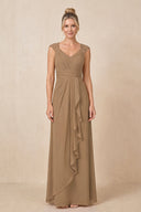 Brown Cap Sleeves A-Line Chiffon Pleated Ruffled Mother of the Bride Dress | KISSBRIDAL