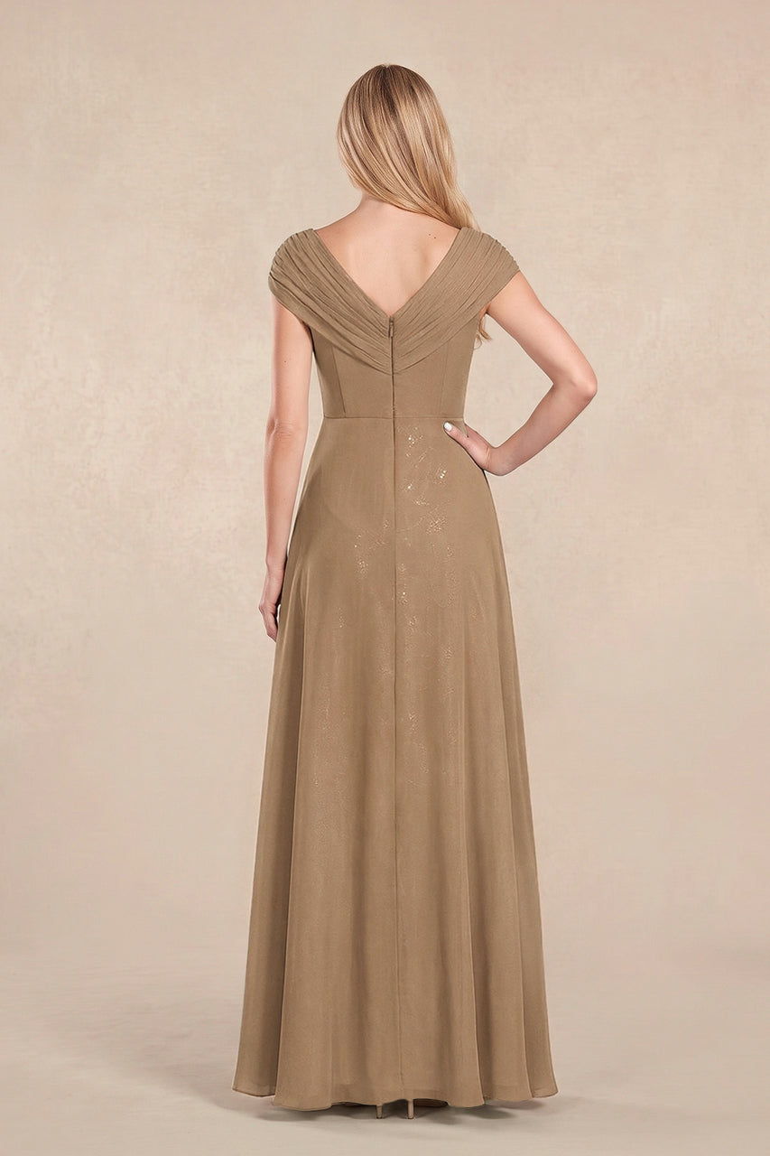 Brown Cap Sleeves Chiffon A-Line Lace V-Neck Mother of the Bride Dress