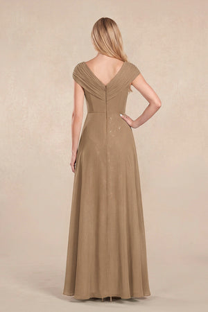 Brown Cap Sleeves Chiffon A-Line Lace V-Neck Mother of the Bride Dress (2) | KISSBRIDAL