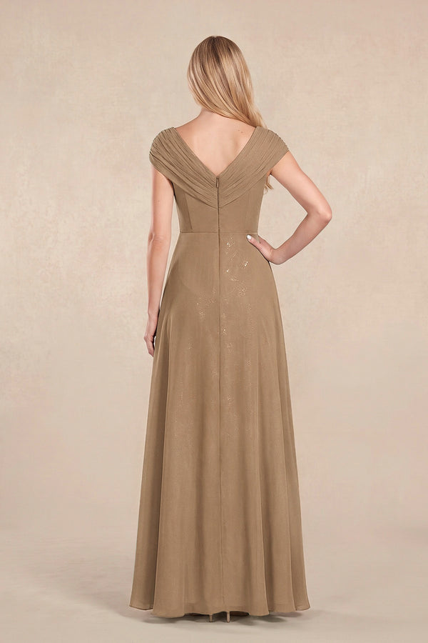 Brown Cap Sleeves Chiffon A-Line Lace V-Neck Mother of the Bride Dress (2) | KISSBRIDAL