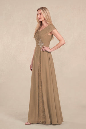 Brown Cap Sleeves Chiffon A-Line Lace V-Neck Mother of the Bride Dress (3) | KISSBRIDAL