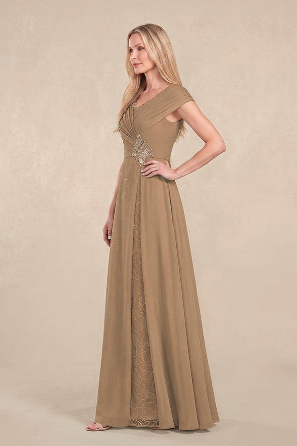 Brown Cap Sleeves Chiffon A-Line Lace V-Neck Mother of the Bride Dress (3) | KISSBRIDAL