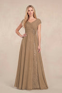 Brown Cap Sleeves Chiffon A-Line Lace V-Neck Mother of the Bride Dress | KISSBRIDAL