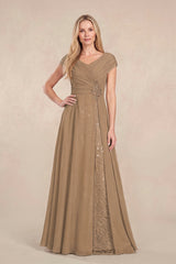 Brown Cap Sleeves Chiffon A-Line Lace V-Neck Mother of the Bride Dress | KISSBRIDAL