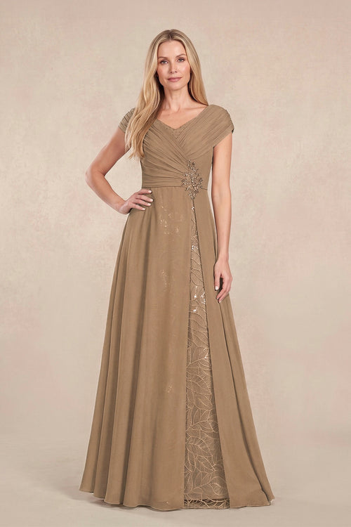 Brown Cap Sleeves Chiffon A-Line Lace V-Neck Mother of the Bride Dress | KISSBRIDAL